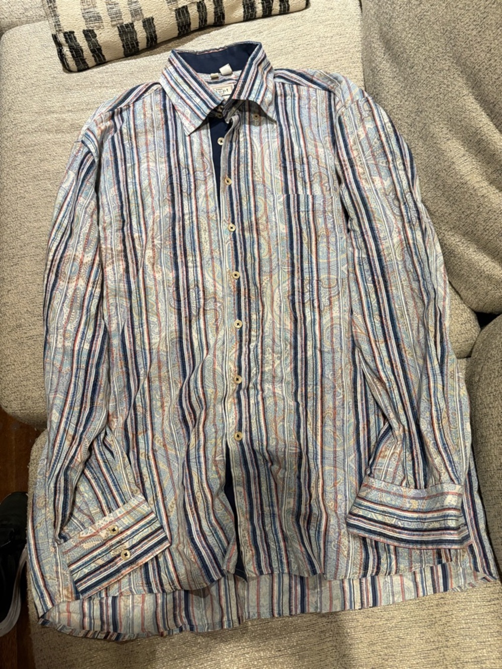 Men's Multistripe Casual Button-Down Shirt in Blue and Tan
